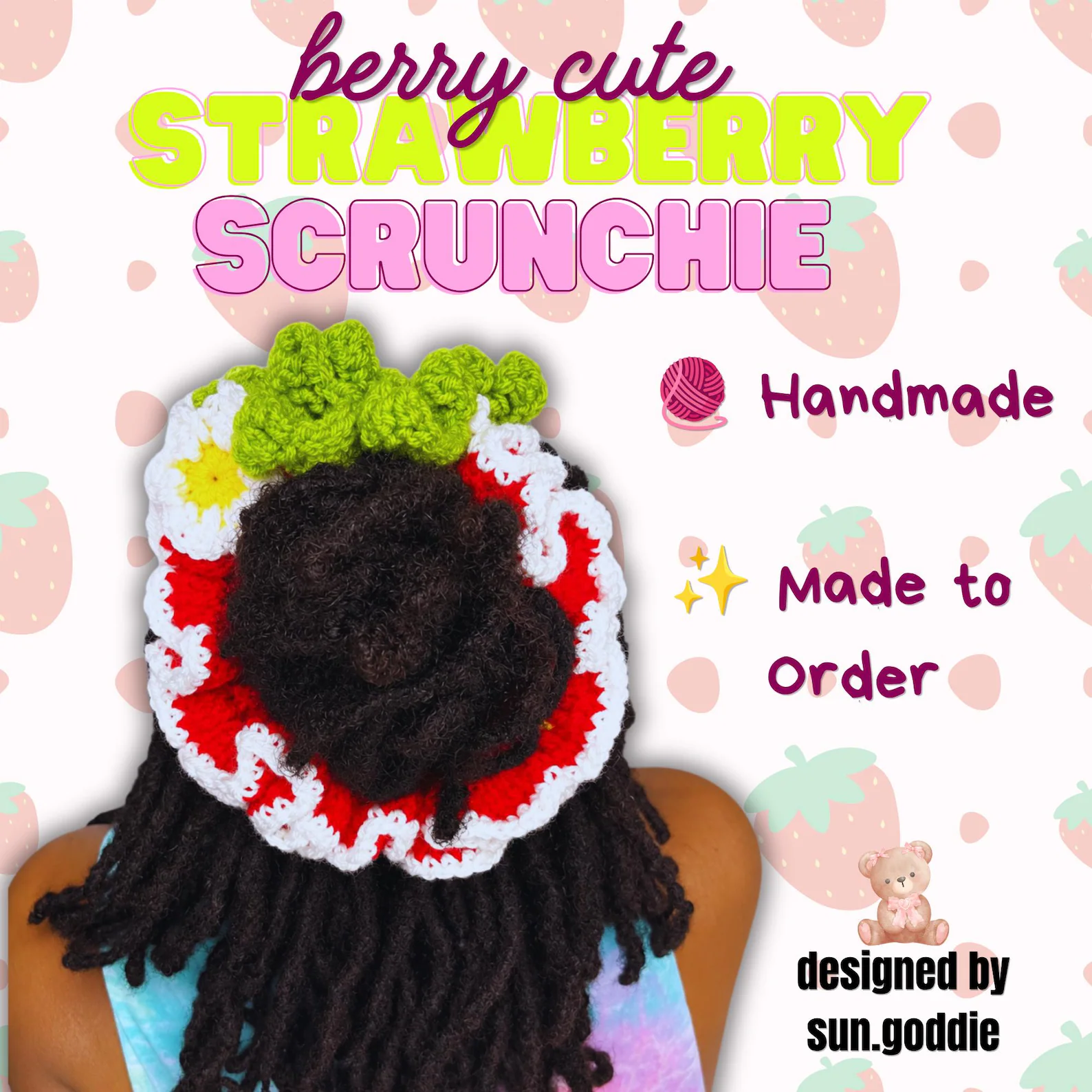 Strawberry Scrunchie with Daisy Detail | Hair Accessory
