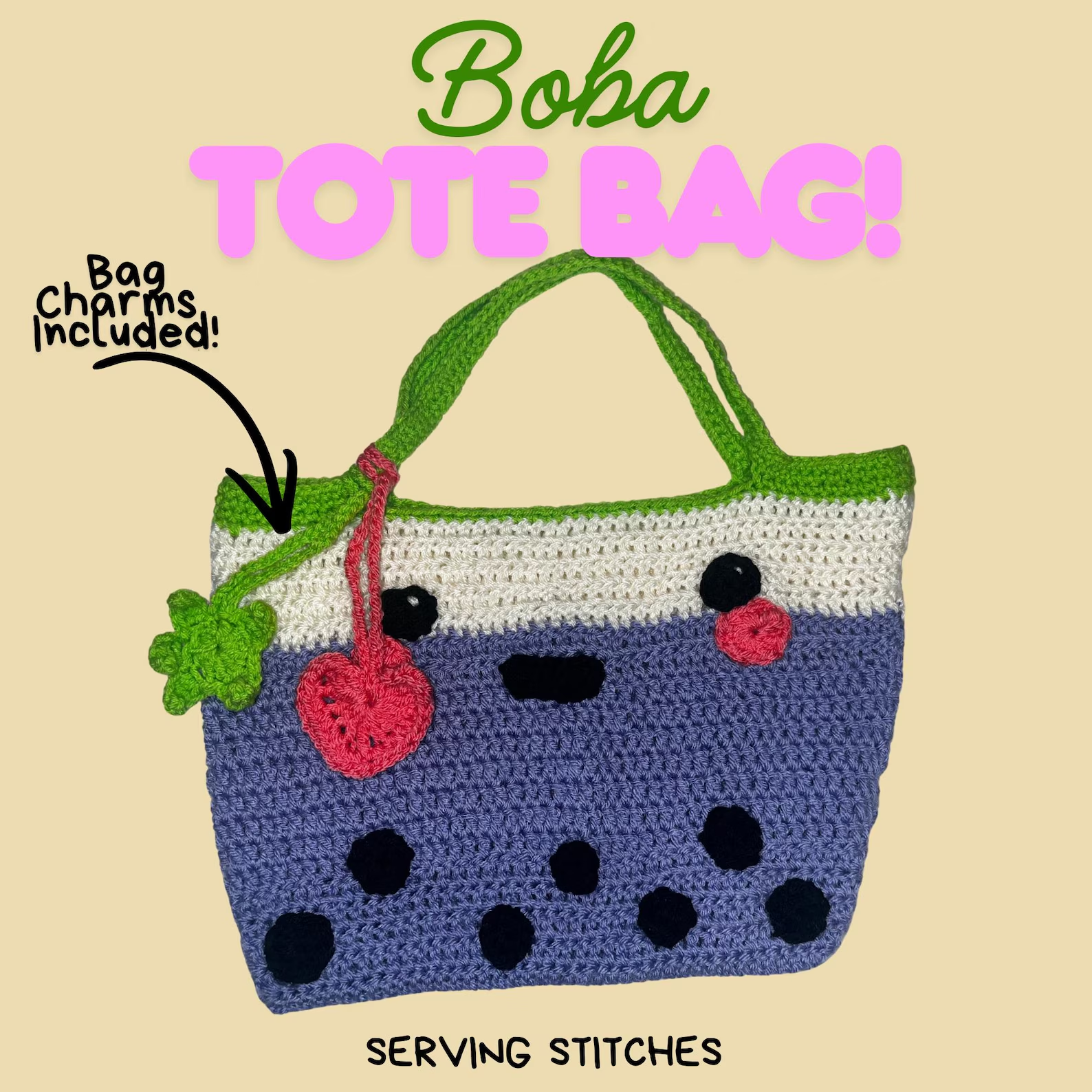 Taro Bubble Tea Tote Bag with Charms | Kawaii Boba Purse | Free Bag Charms!